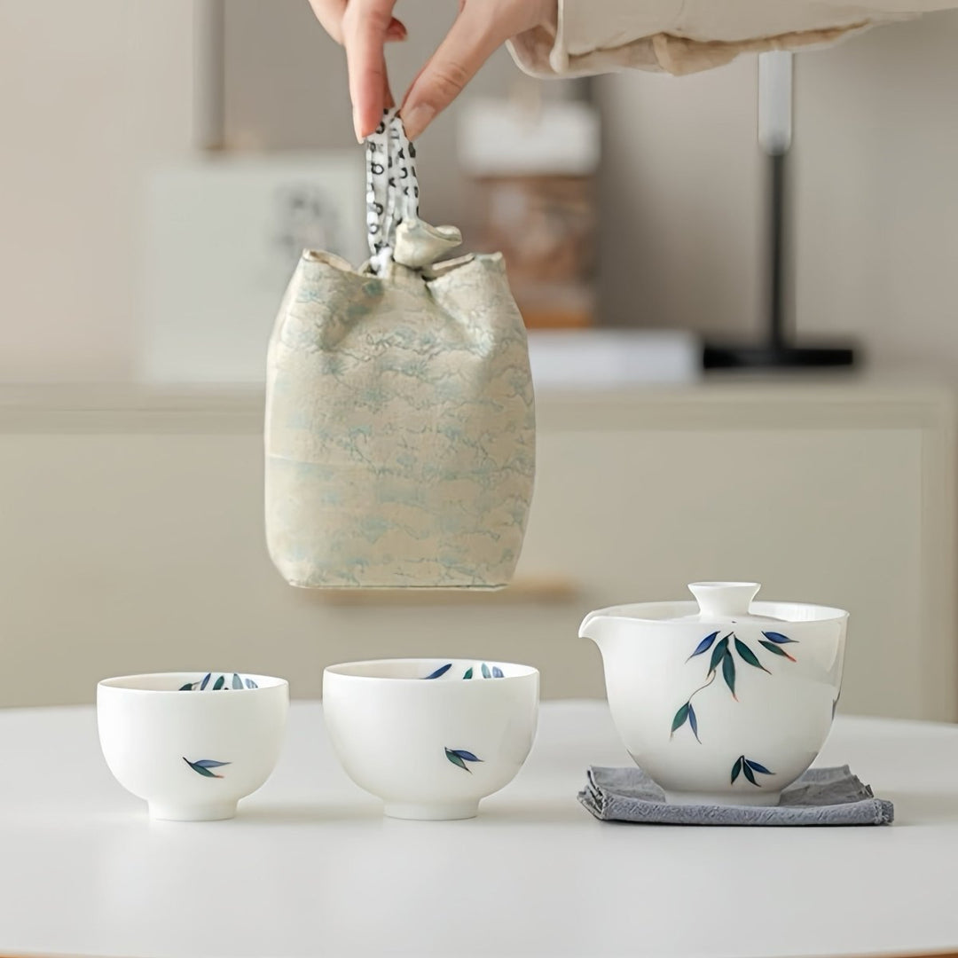 Jade Bamboo - Premium Butter White Porcelain Journey Tea Set - Tea and Whisk