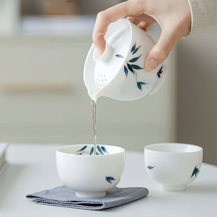 Jade Bamboo - Premium Butter White Porcelain Journey Tea Set - Tea and Whisk