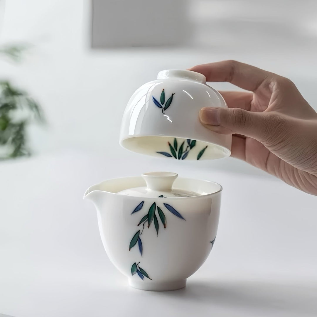 Jade Bamboo - Premium Butter White Porcelain Journey Tea Set - Tea and Whisk
