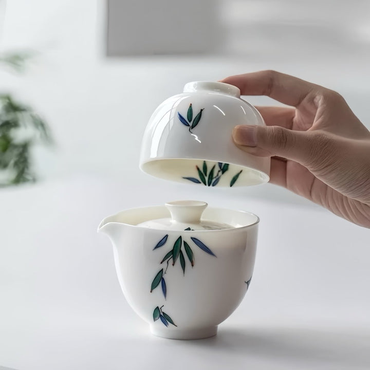 Jade Bamboo - Premium Butter White Porcelain Journey Tea Set - Tea and Whisk