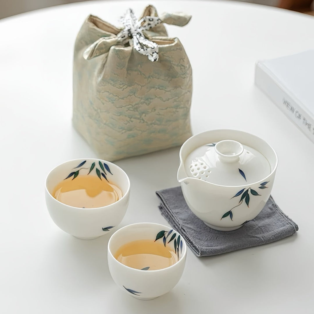 Jade Bamboo - Premium Butter White Porcelain Journey Tea Set - Tea and Whisk