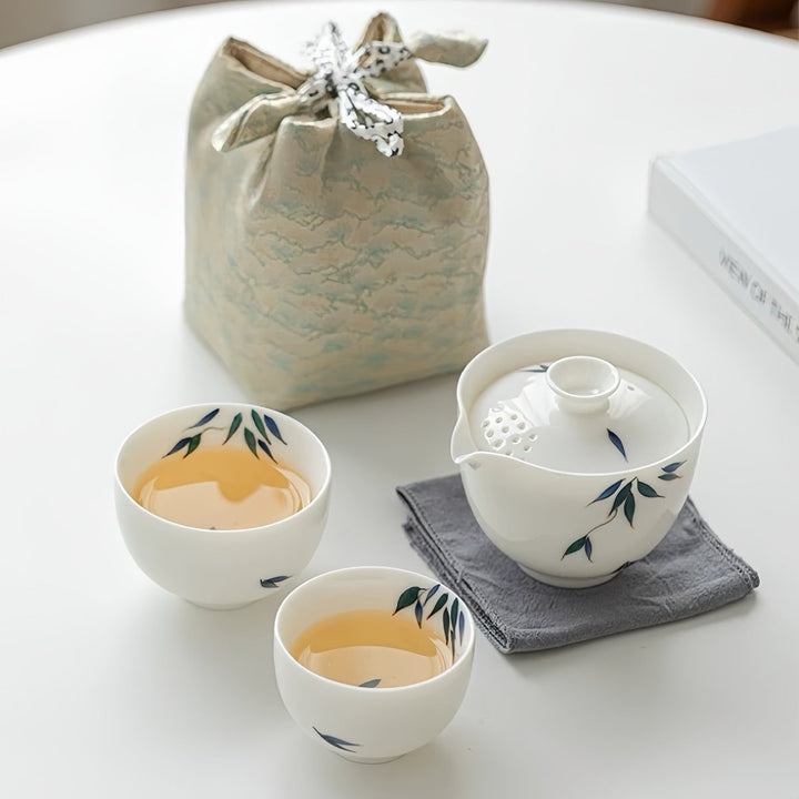 Jade Bamboo - Premium Butter White Porcelain Journey Tea Set - Tea and Whisk