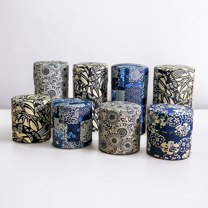 Japanese Chazutsu - Washi Tin Tea Canister Kimono - Tea and Whisk