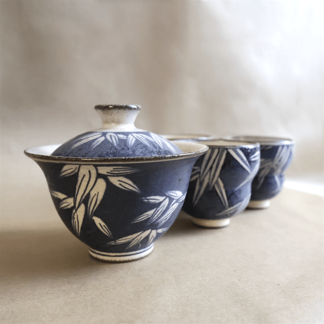 Jingdezhen "Bamboo Forest" Qinghua Gaiwan and Teacups - Tea and Whisk