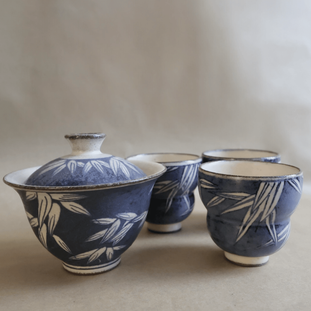 Jingdezhen "Bamboo Forest" Qinghua Gaiwan and Teacups - Tea and Whisk