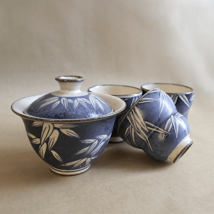 Jingdezhen "Bamboo Forest" Qinghua Gaiwan and Teacups - Tea and Whisk