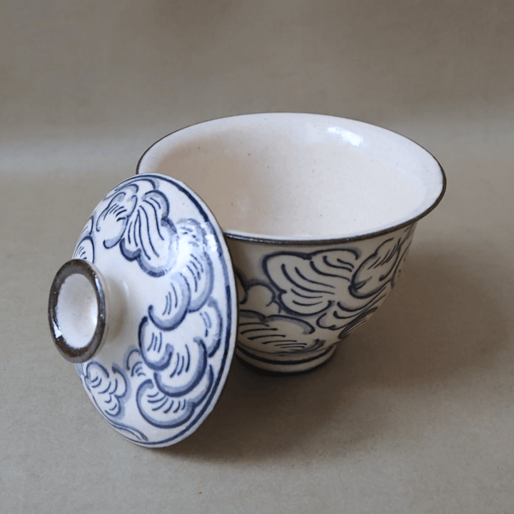 Jingdezhen Hand - Painted "Brush & Ink" Qinghua Gaiwan - Tea and Whisk