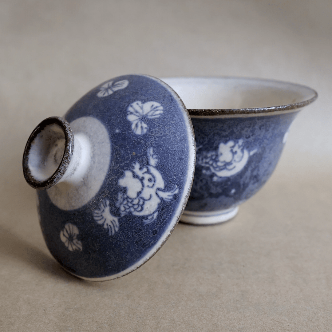 Jingdezhen Hand - Painted "Cerulean Tales" Qinghua Gaiwan - Tea and Whisk