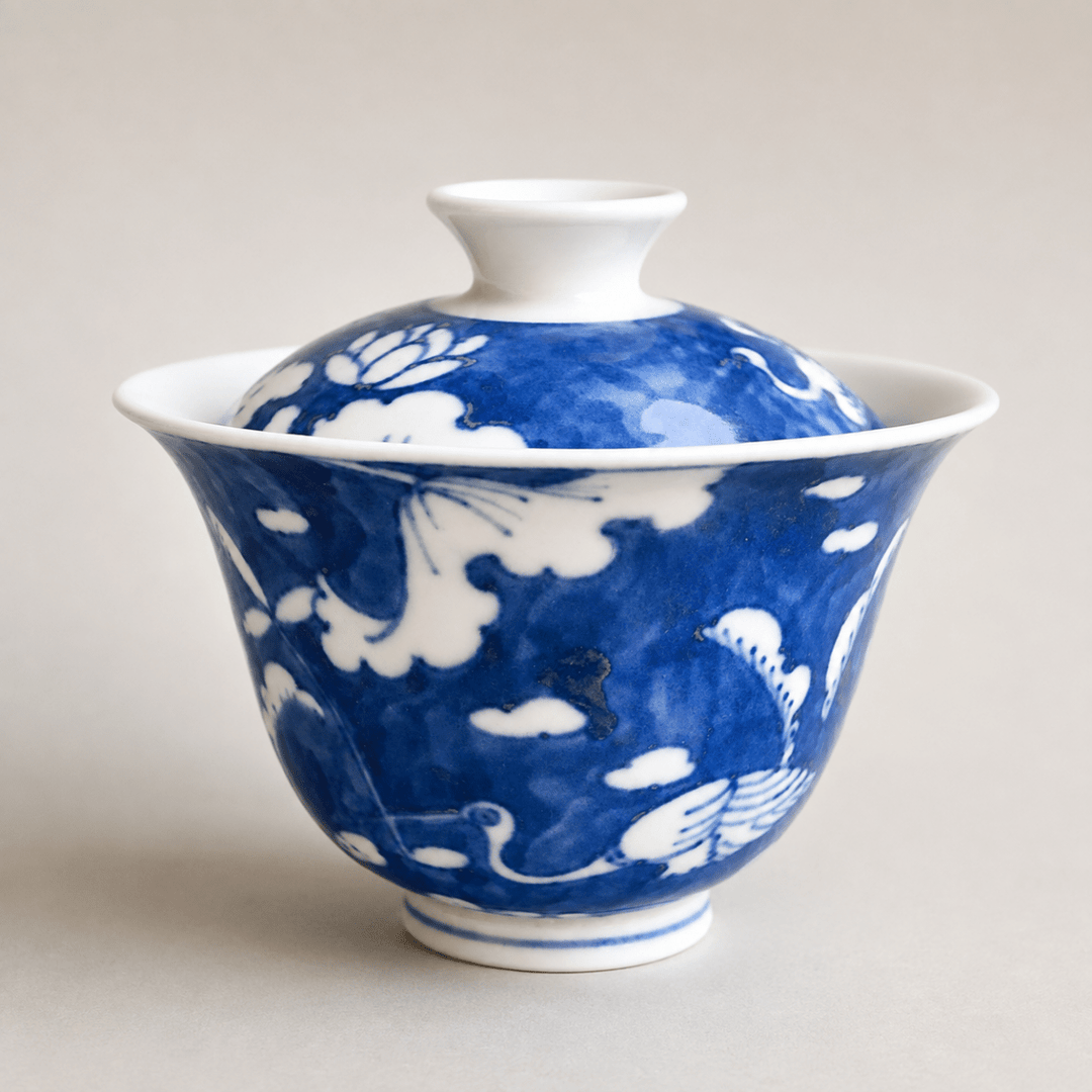 Jingdezhen Hand-Painted "Eastern Storks" Qinghua Gaiwan - Tea and Whisk