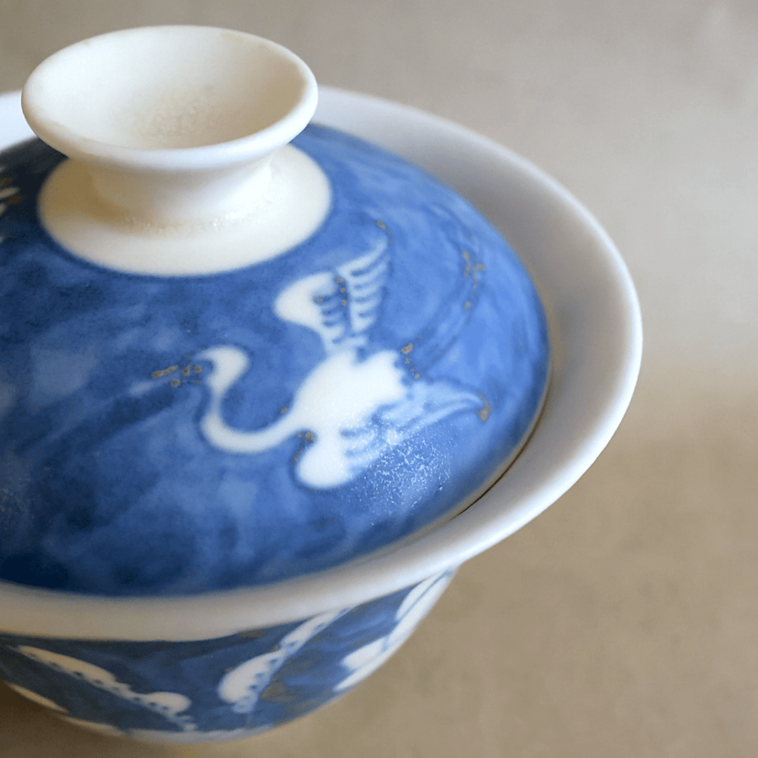 Jingdezhen Hand - Painted "Eastern Storks" Qinghua Gaiwan - Tea and Whisk