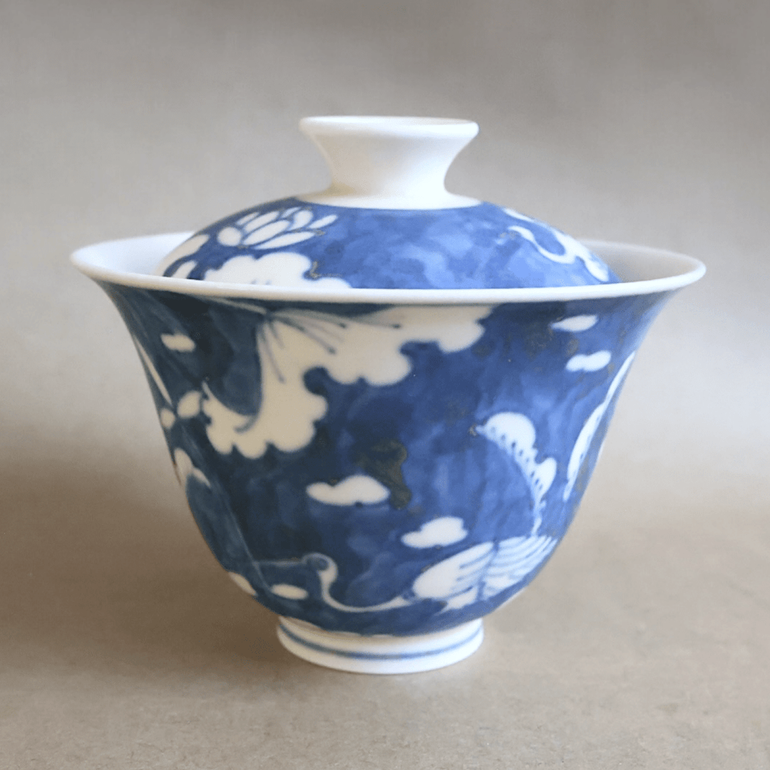 Jingdezhen Hand - Painted "Eastern Storks" Qinghua Gaiwan - Tea and Whisk