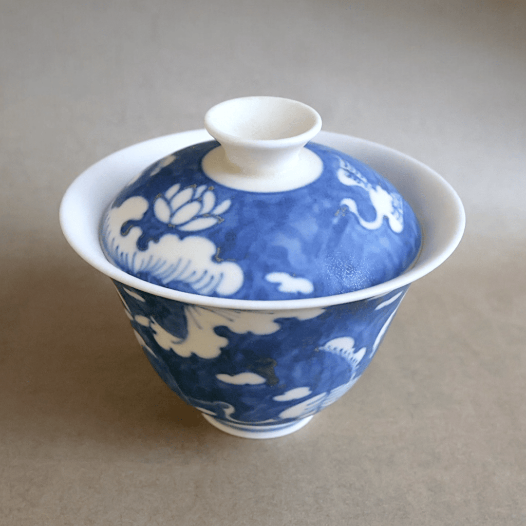 Jingdezhen Hand - Painted "Eastern Storks" Qinghua Gaiwan - Tea and Whisk