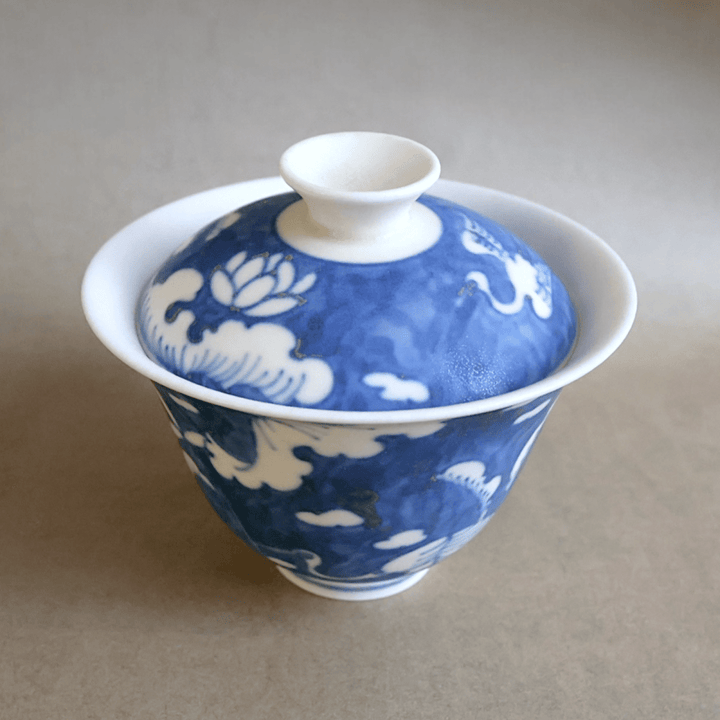 Jingdezhen Hand - Painted "Eastern Storks" Qinghua Gaiwan - Tea and Whisk