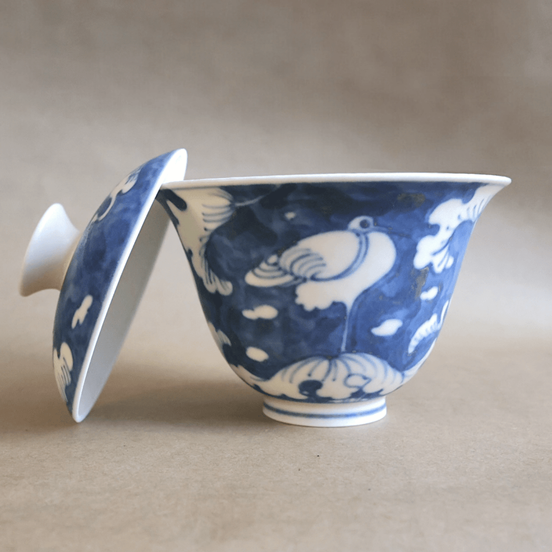 Jingdezhen Hand - Painted "Eastern Storks" Qinghua Gaiwan - Tea and Whisk