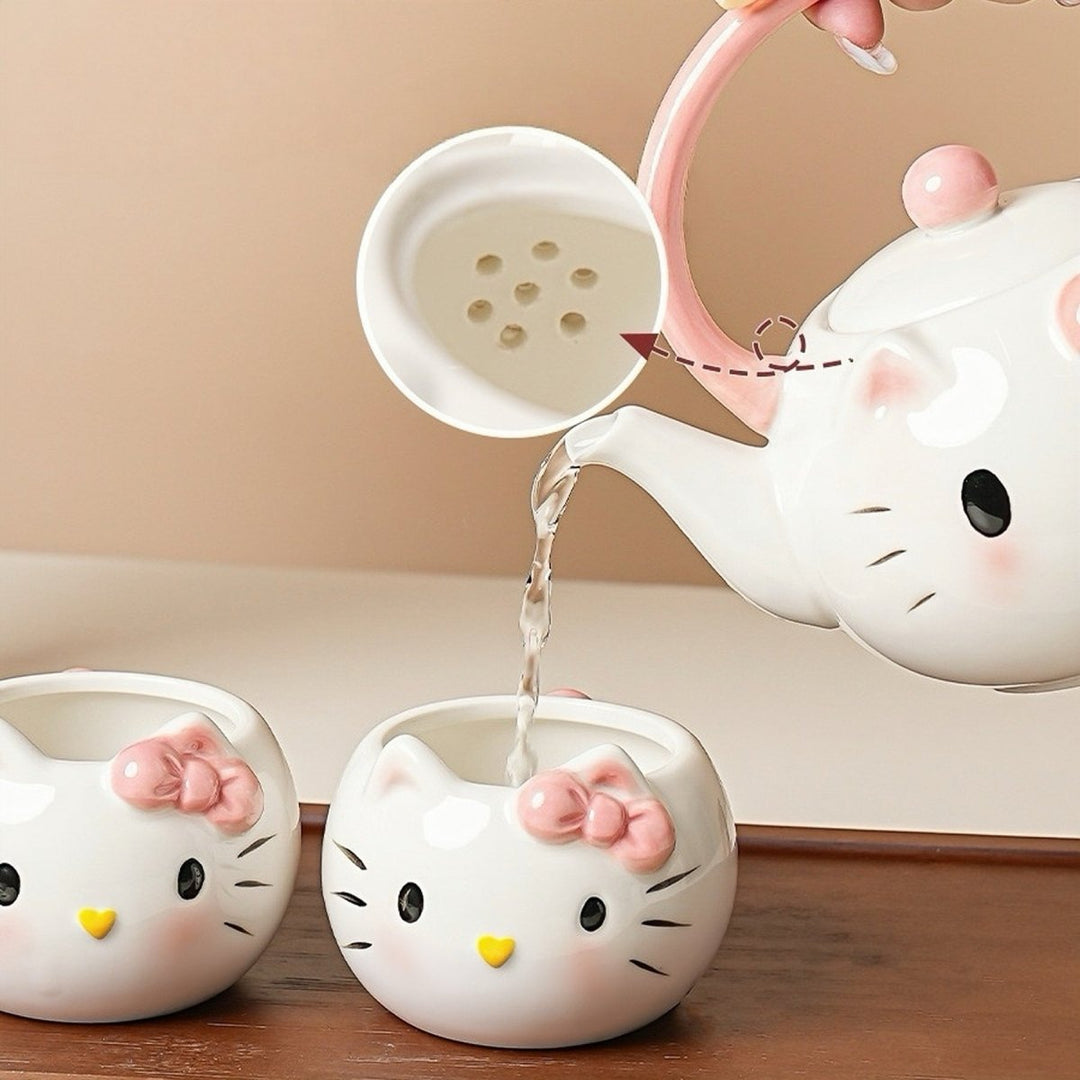 Kitty - Themed Ceramic Teapot with 4 Teacups Set in a Gift Box - Tea and Whisk