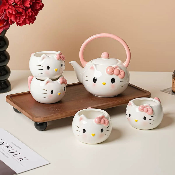 Kitty - Themed Ceramic Teapot with 4 Teacups Set in a Gift Box - Tea and Whisk