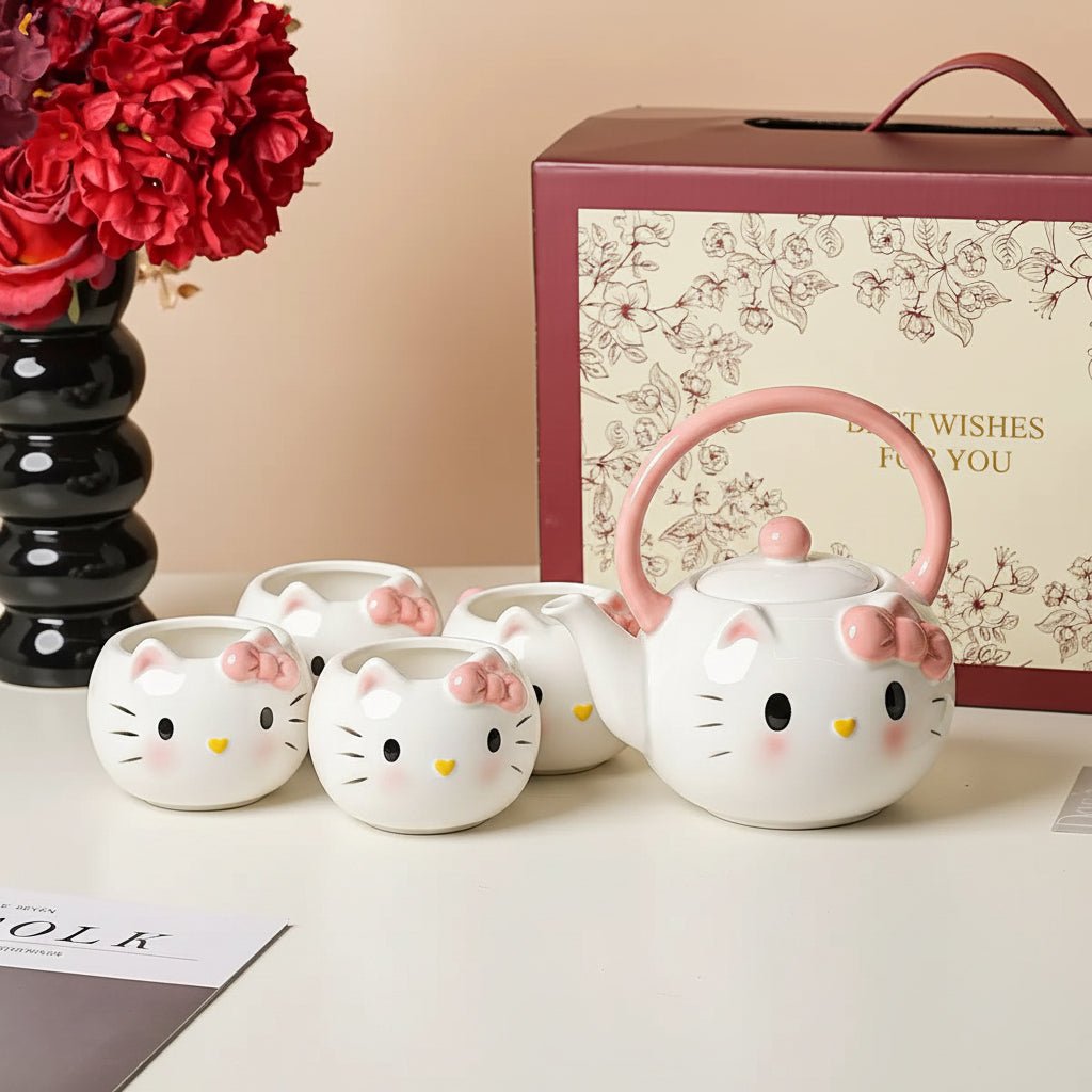 Kitty - Themed Ceramic Teapot with 4 Teacups Set in a Gift Box - Tea and Whisk