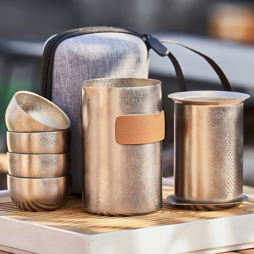 Lifetime Double - Wall Silver Titanium Travel Tea Set - Tea and Whisk