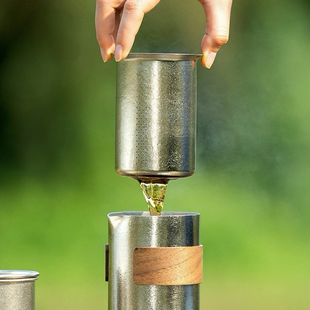 Lifetime Double - Wall Silver Titanium Travel Tea Set - Tea and Whisk