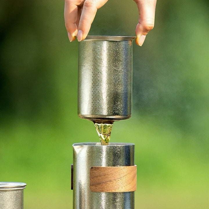 Lifetime Double - Wall Silver Titanium Travel Tea Set - Tea and Whisk