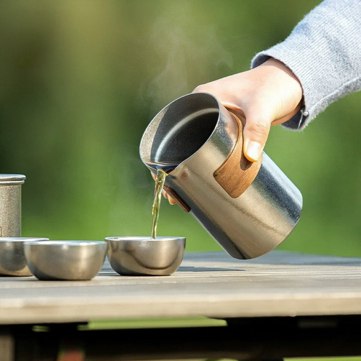 Lifetime Double - Wall Silver Titanium Travel Tea Set - Tea and Whisk