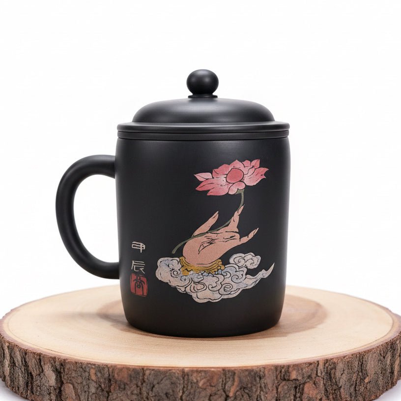 Lotus Reverie - Jianshui Handcrafted Office Tea Mug with Strainer&Lid - Tea and Whisk