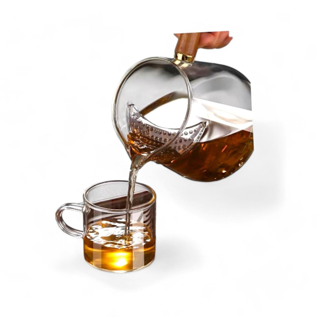 Lunar Elegance Glass Teapot with Walnut Wooden Handle - Tea and Whisk