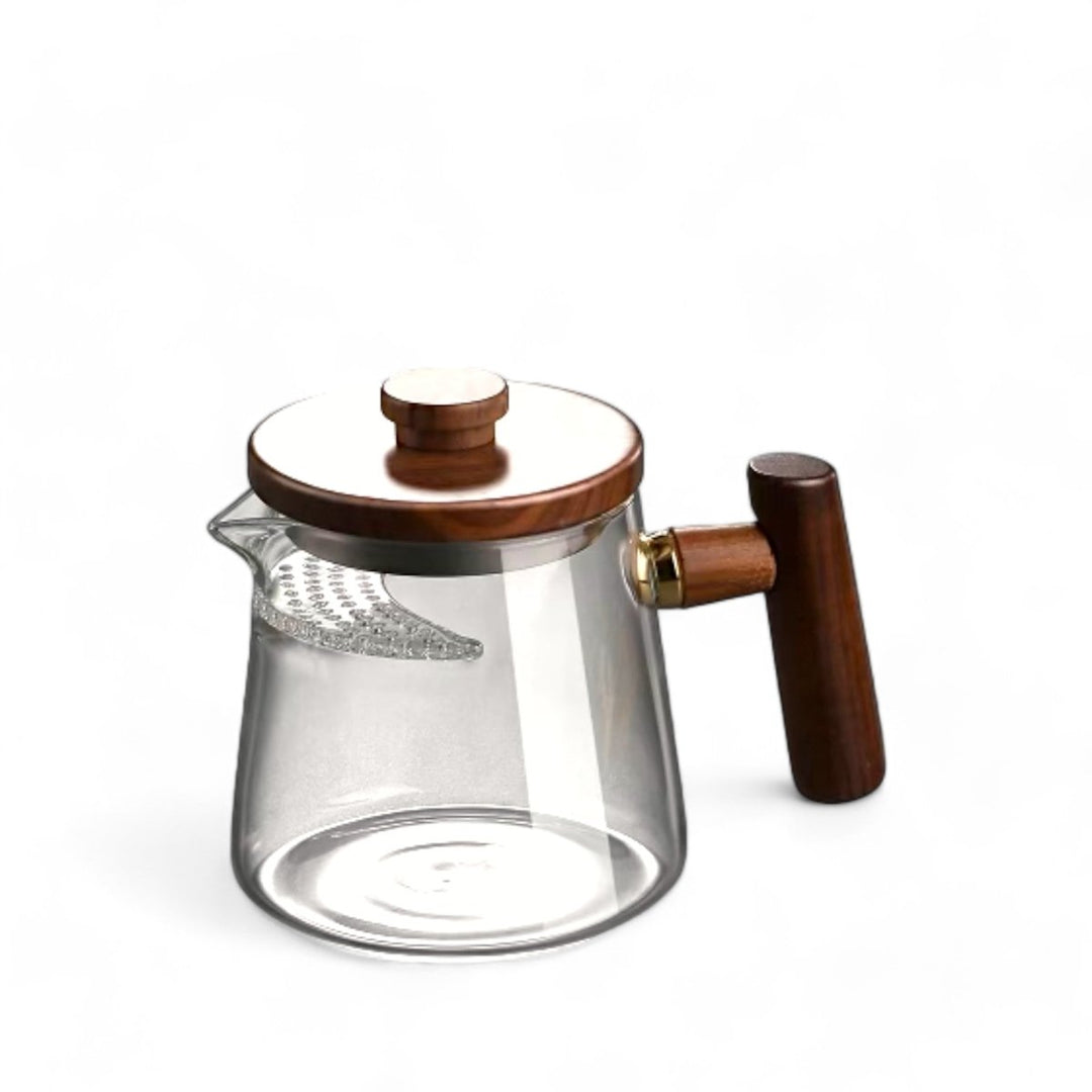 Lunar Elegance Glass Teapot with Walnut Wooden Handle - Tea and Whisk