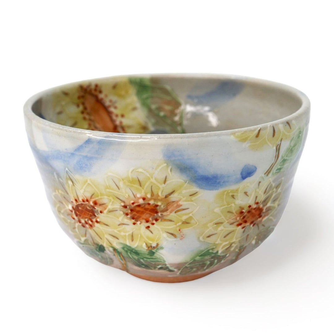 Matcha Bowl Kyoyaki - Handpainted Himawari Chawan - Tea and Whisk