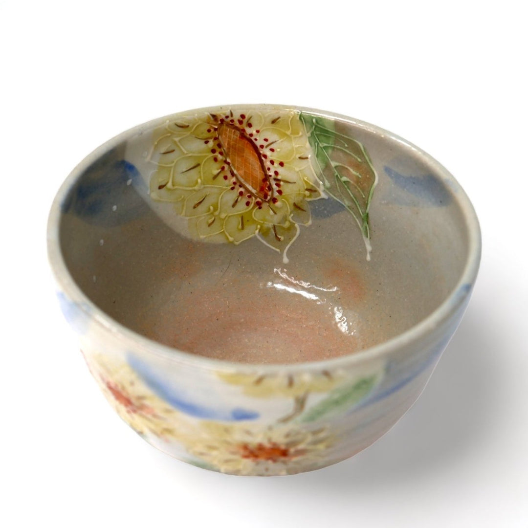 Matcha Bowl Kyoyaki - Handpainted Himawari Chawan - Tea and Whisk