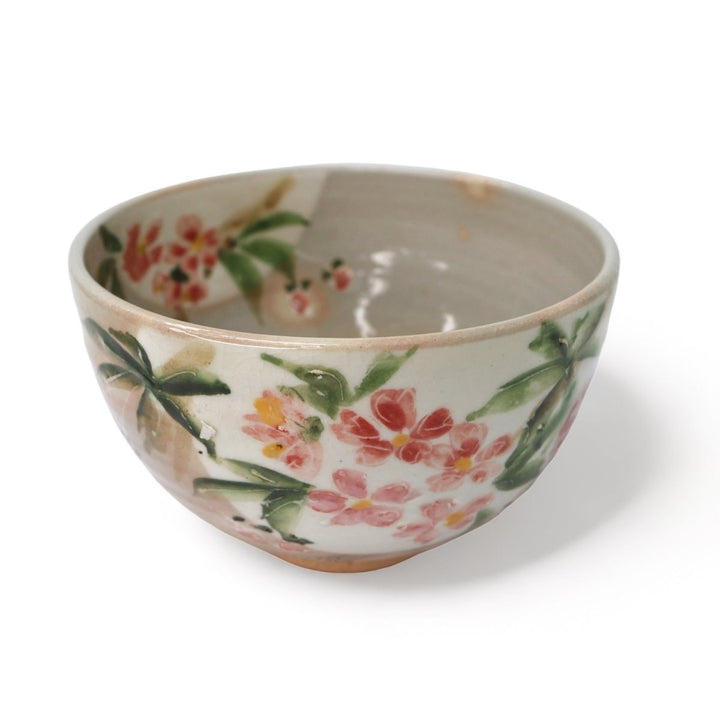 Matcha Bowl Kyoyaki - Handpainted Sakura Chawan - Tea and Whisk