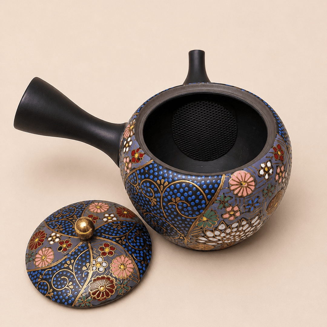 Midnight Bloom -Japanese Tokoname Master Hand-painted Kyusu - Tea and Whisk