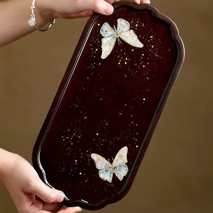 Mother - of - Pearl ButterfliesWalnut Wood Tea Tray - Luminous Wing - Tea and Whisk