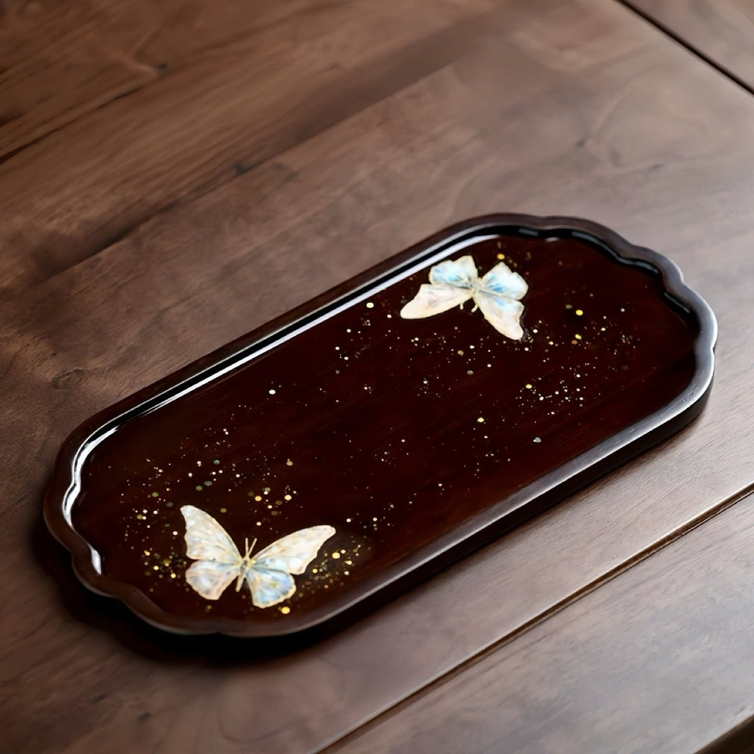 Mother - of - Pearl ButterfliesWalnut Wood Tea Tray - Luminous Wing - Tea and Whisk