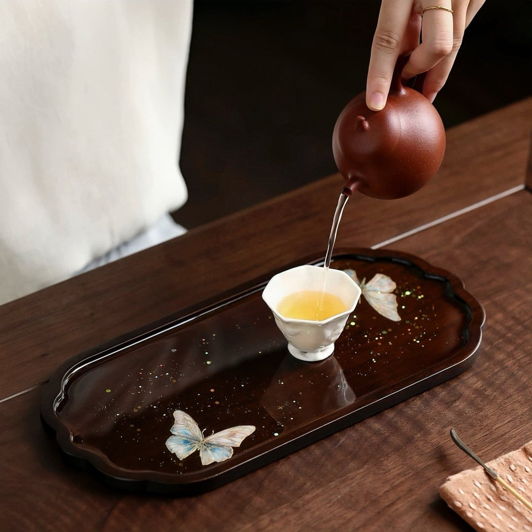 Mother - of - Pearl ButterfliesWalnut Wood Tea Tray - Luminous Wing - Tea and Whisk