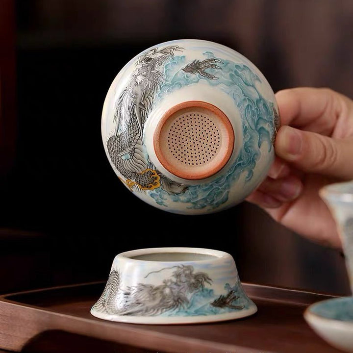 Ocean Dragon- Premium Ru Kiln Teapot and Gaiwan Complete Tea Set - Tea and Whisk