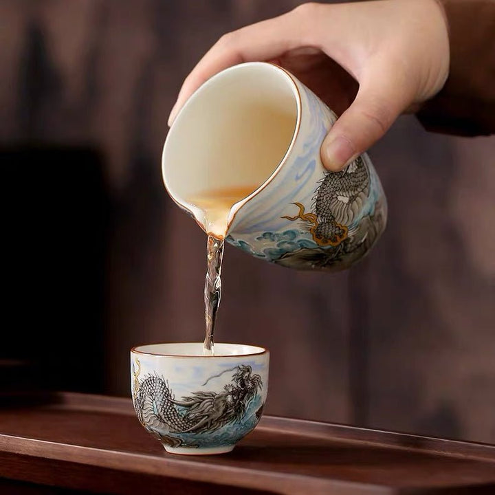 Ocean Dragon- Premium Ru Kiln Teapot and Gaiwan Complete Tea Set - Tea and Whisk