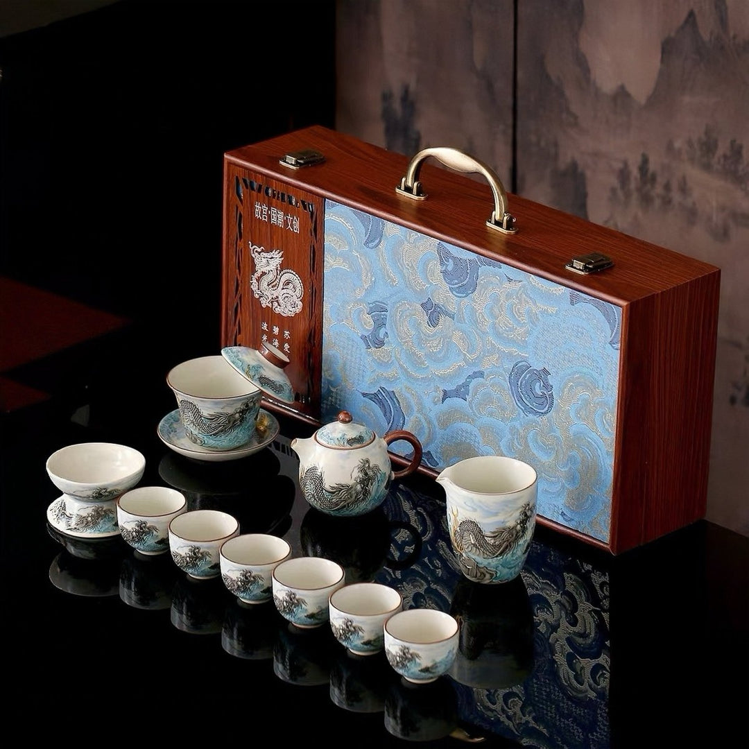Ocean Dragon- Premium Ru Kiln Teapot and Gaiwan Complete Tea Set - Tea and Whisk