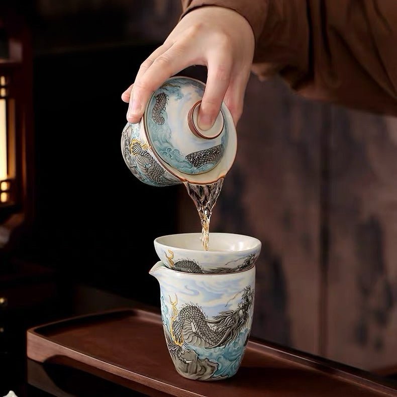 Ocean Dragon- Premium Ru Kiln Teapot and Gaiwan Complete Tea Set - Tea and Whisk