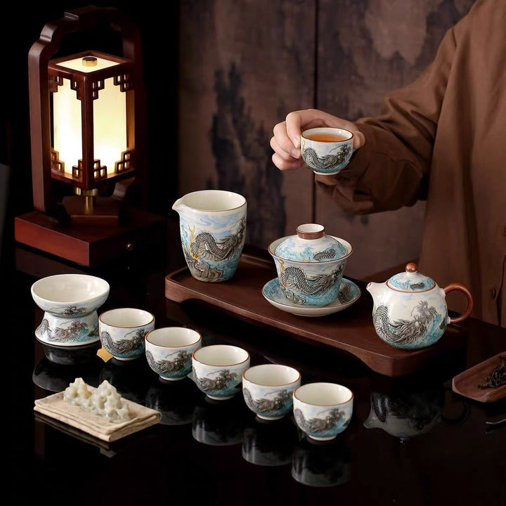 Ocean Dragon- Premium Ru Kiln Teapot and Gaiwan Complete Tea Set - Tea and Whisk