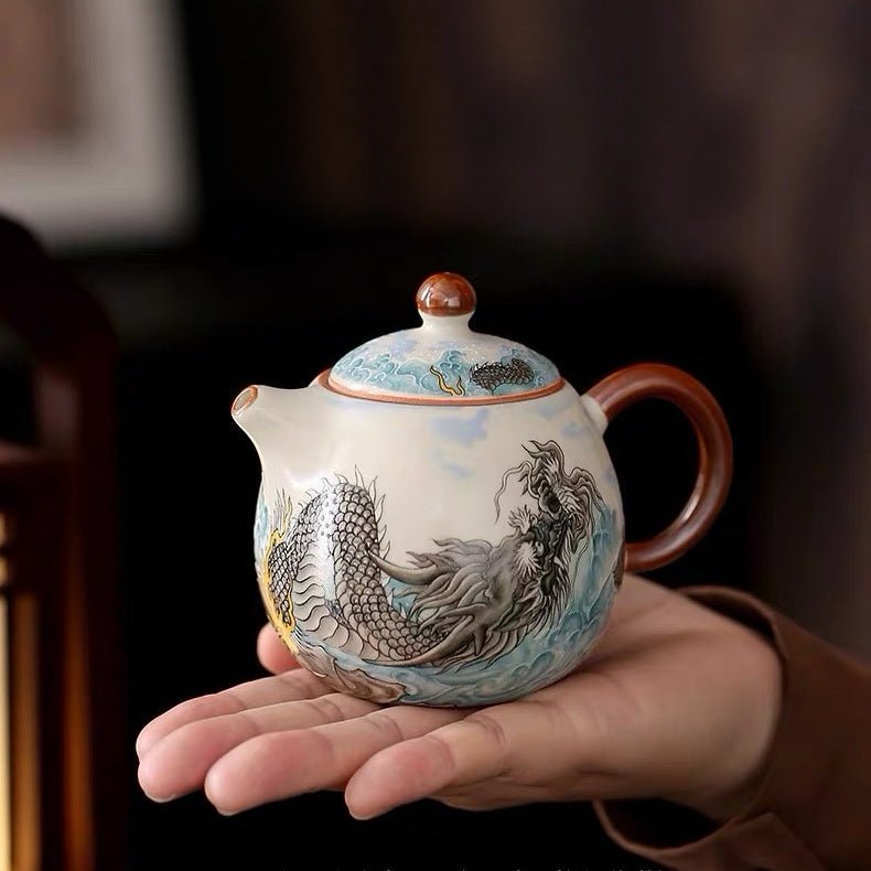 Ocean Dragon- Premium Ru Kiln Teapot and Gaiwan Complete Tea Set - Tea and Whisk