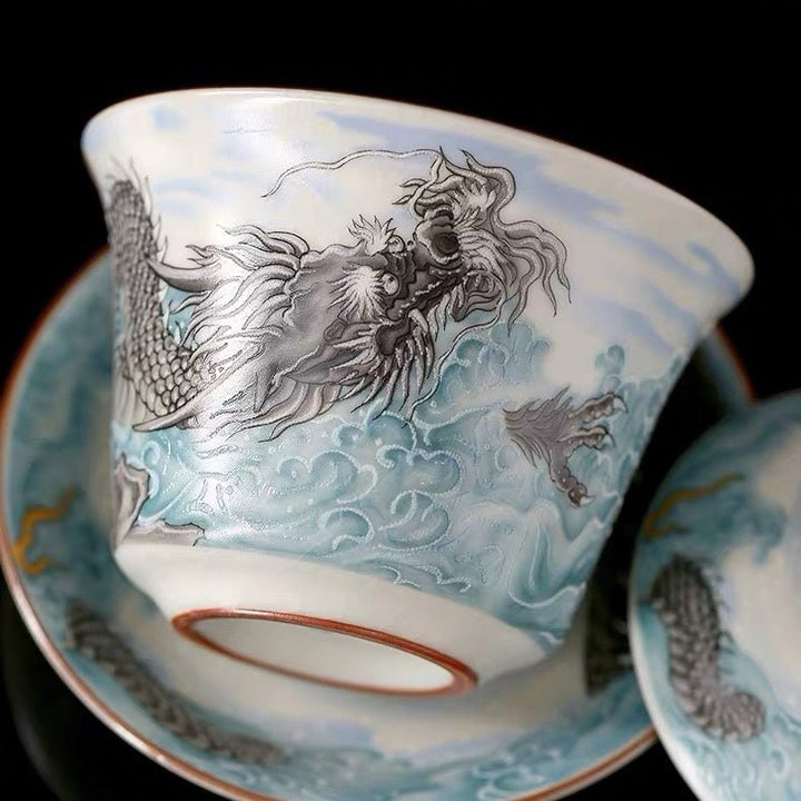 Ocean Dragon- Premium Ru Kiln Teapot and Gaiwan Complete Tea Set - Tea and Whisk
