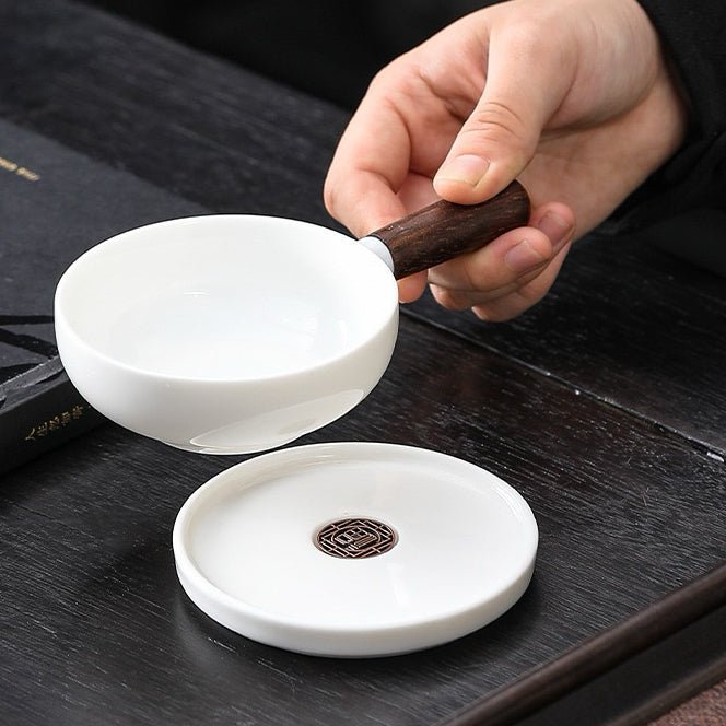 Pan Style Jade White Ceramic Tea Strainer with Plate - Tea and Whisk