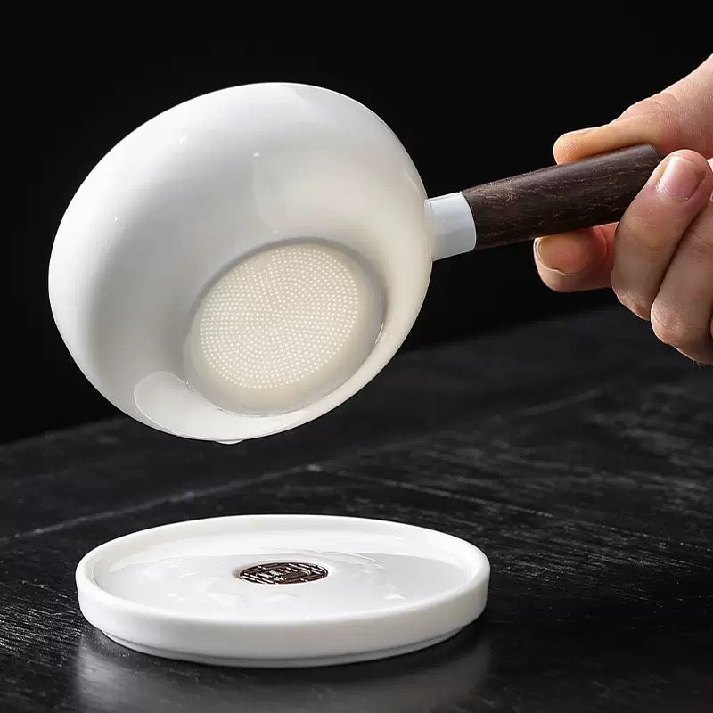Pan Style Jade White Ceramic Tea Strainer with Plate - Tea and Whisk