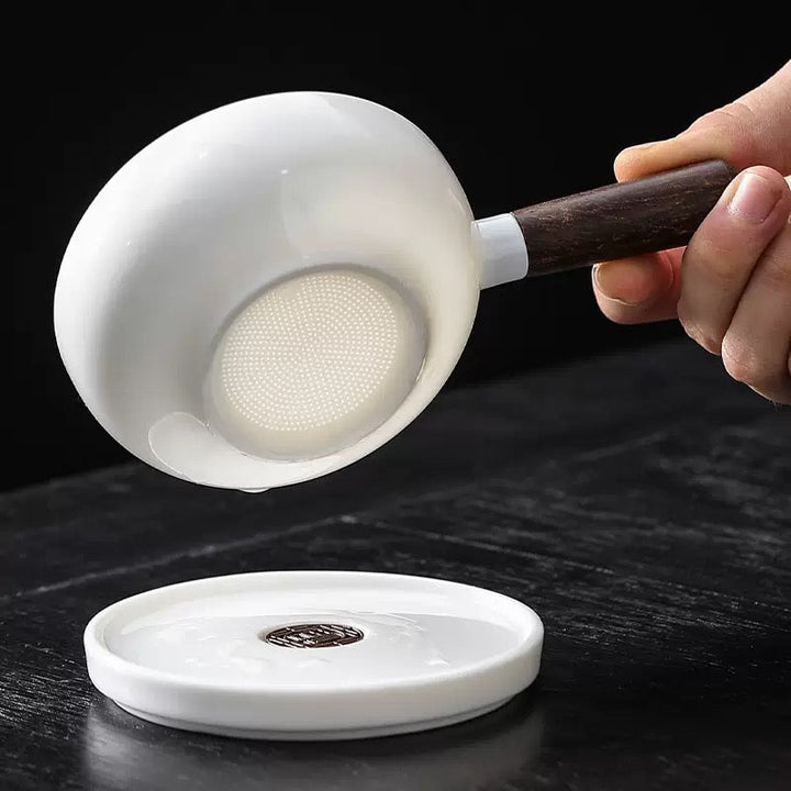 Pan Style Jade White Ceramic Tea Strainer with Plate - Tea and Whisk