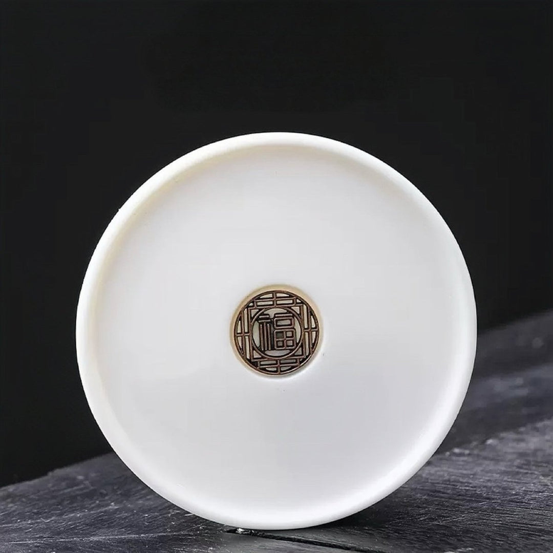 Pan Style Jade White Ceramic Tea Strainer with Plate - Tea and Whisk