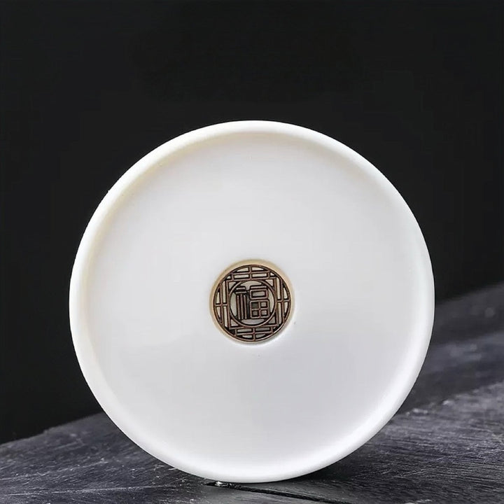 Pan Style Jade White Ceramic Tea Strainer with Plate - Tea and Whisk