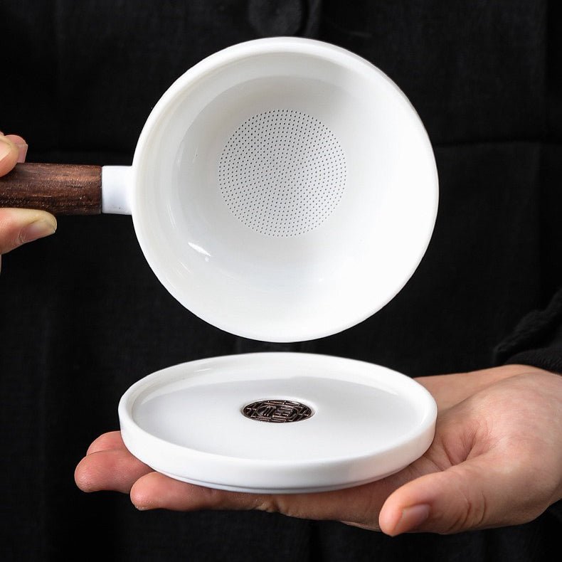 Pan Style Jade White Ceramic Tea Strainer with Plate - Tea and Whisk