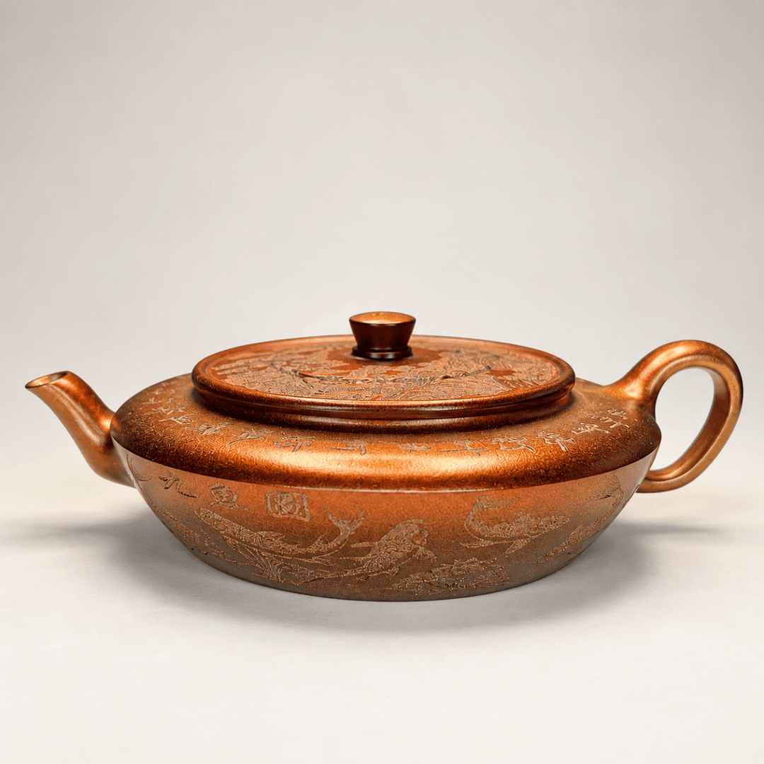 Pearlescent Nine Koi - Handmade Yixing FLAT Teapot 165ml - Tea and Whisk