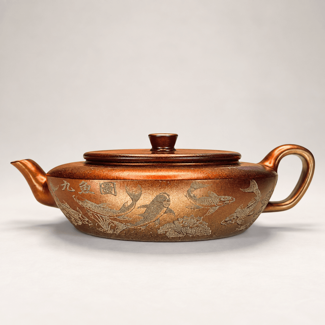 Pearlescent Nine Koi - Handmade Yixing FLAT Teapot 165ml - Tea and Whisk
